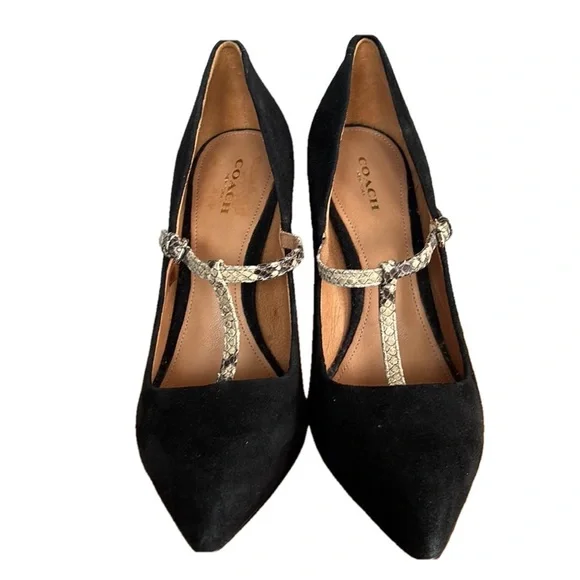 Coach Fulton Black Suede Snakeskin T-Strap Pointed Toe Stiletto Heels size 8.5 - Picture 2 of 9